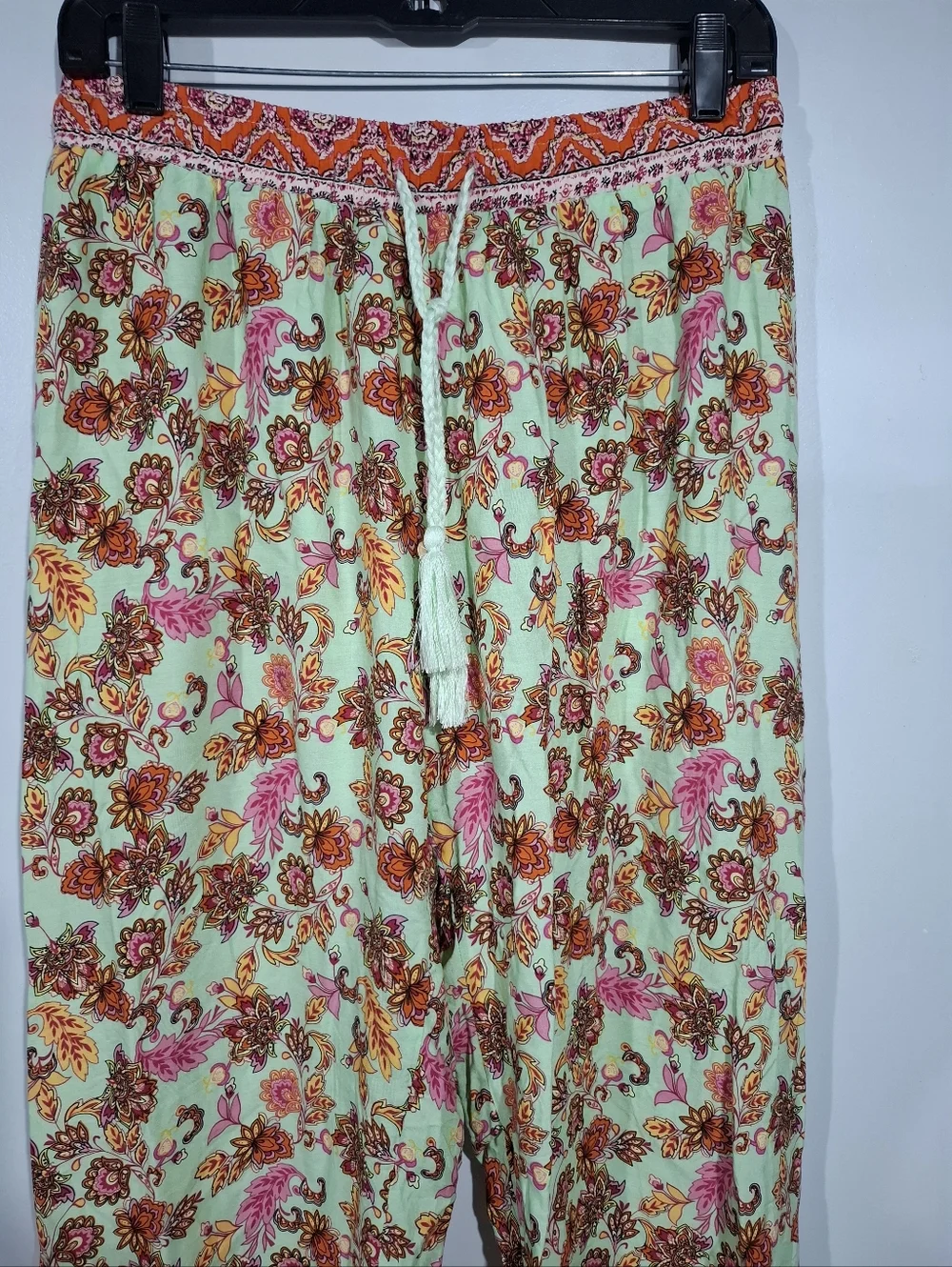 Paparazzi Lightweight Colorful Wide Leg Pants Sz L Drawstring Boho Indie Summer